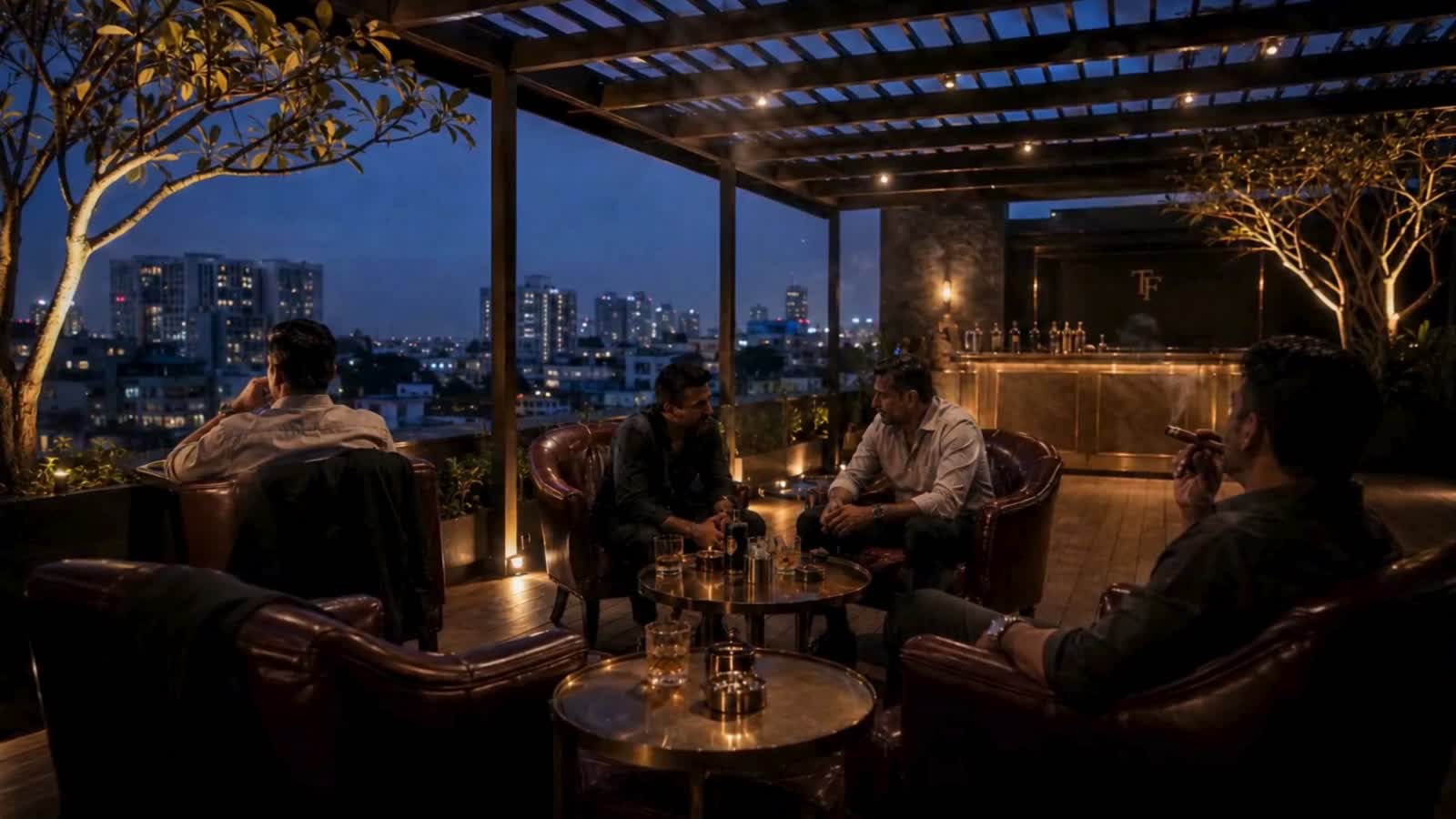 The terrace at dusk, from the house film