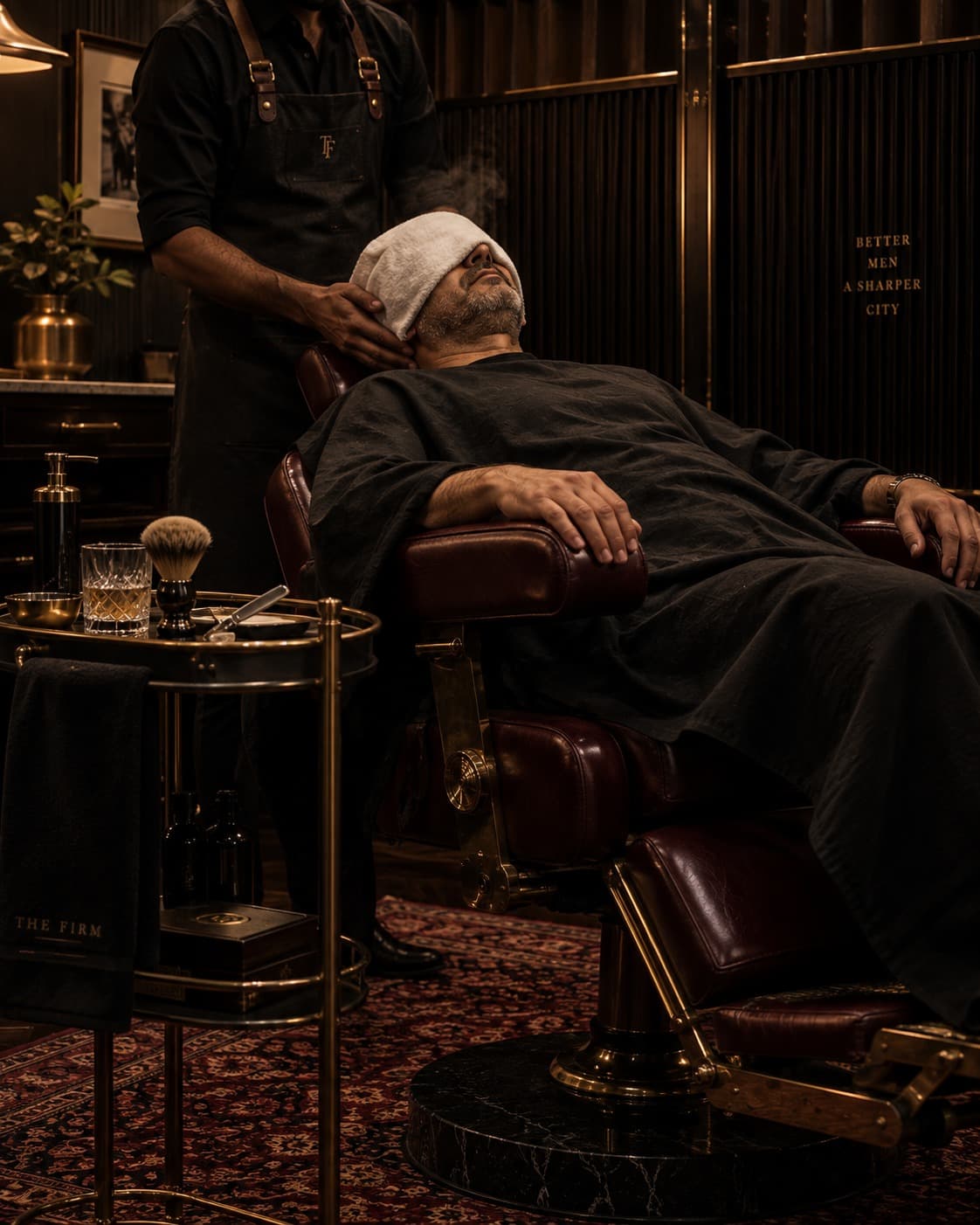 A hot-towel shave underway on the main floor