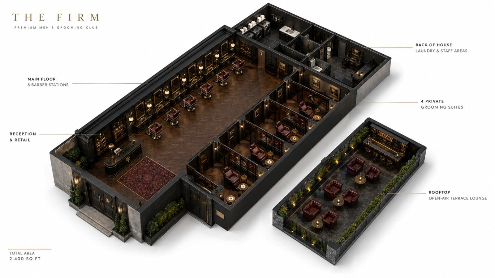 Floor plan of the club: reception, eight stations, four suites, rooftop terrace