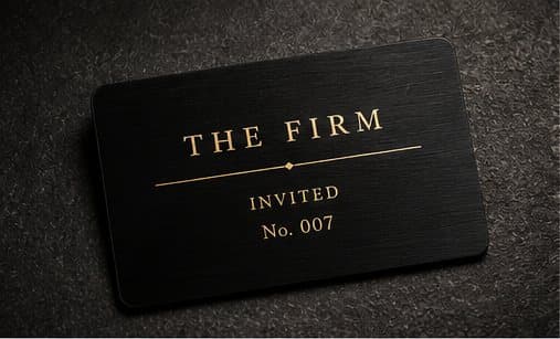 A matte black metal membership card reading The Firm, Invited, No. 007