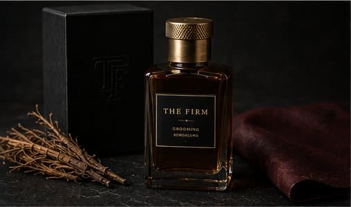 A 50ml bottle of The Firm house cologne beside its black box