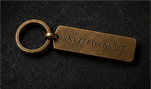 An aged brass keyring stamped Invited, No. 007