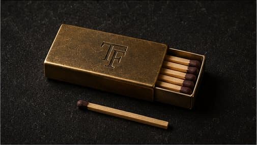 A brass matchbox case embossed with the TF monogram