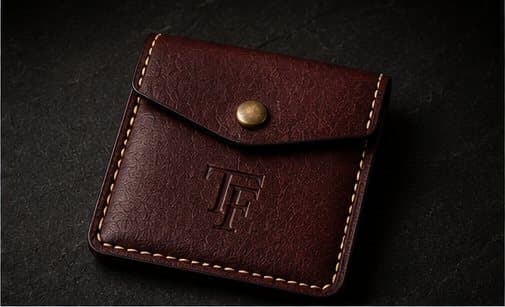 An oxblood leather card pouch embossed with the TF monogram