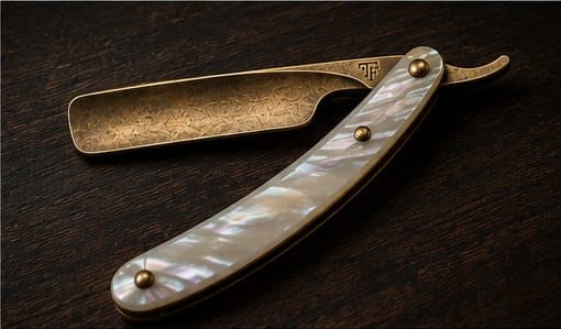A brass and mother-of-pearl straight-razor letter opener