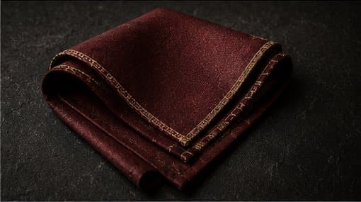 A folded oxblood silk pocket square