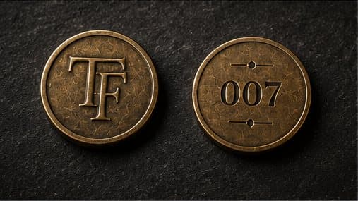 Two brass tokens, one showing the TF monogram and one showing 007