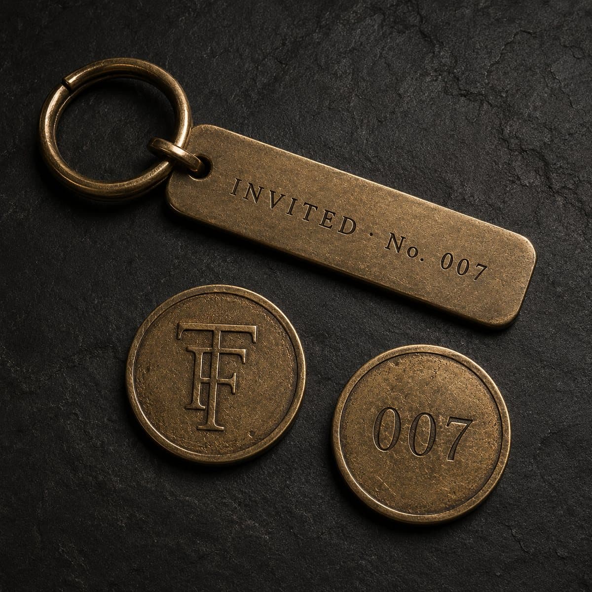 The brass keyring and tokens, each stamped with the member number