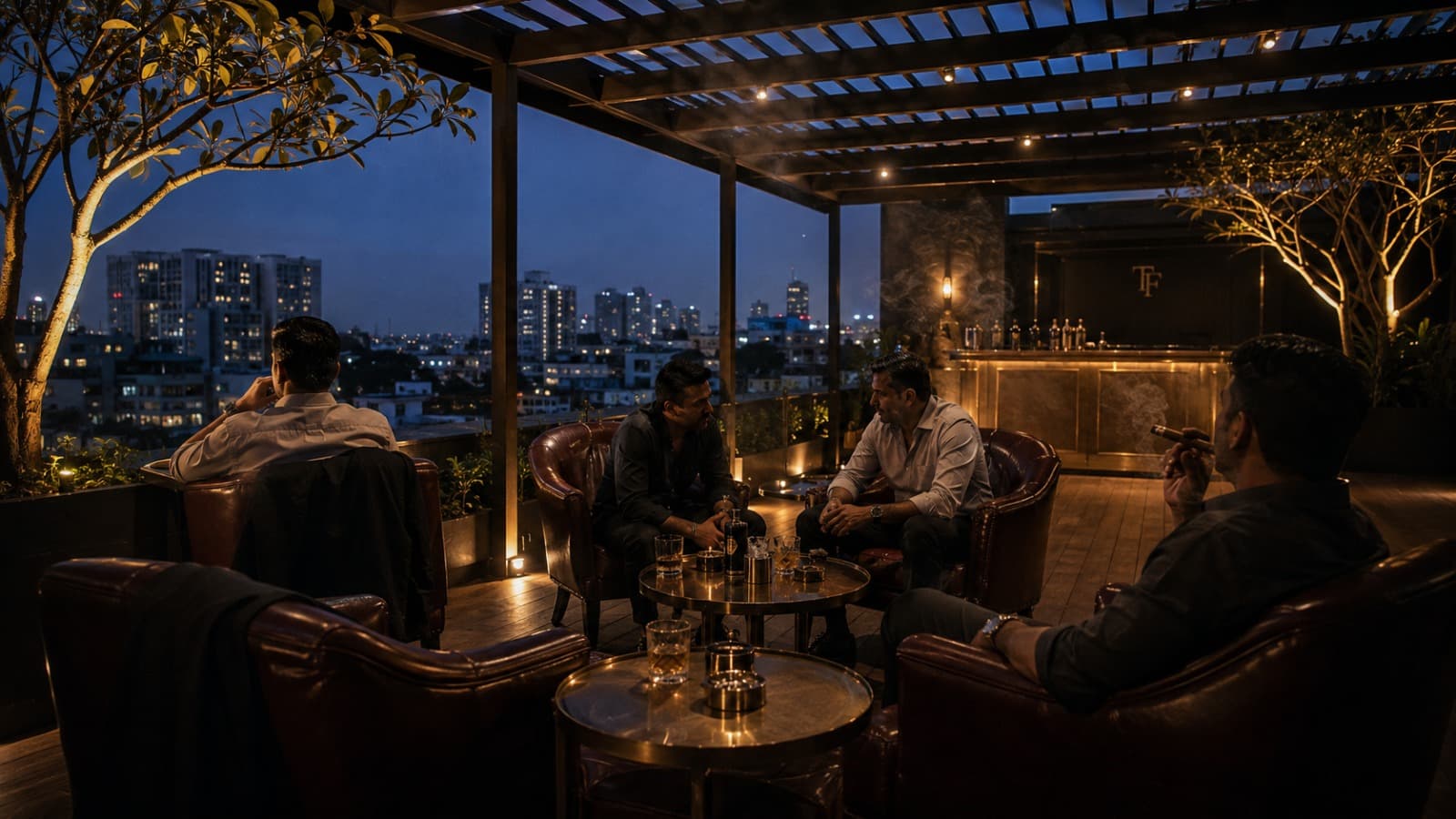 The rooftop terrace at night